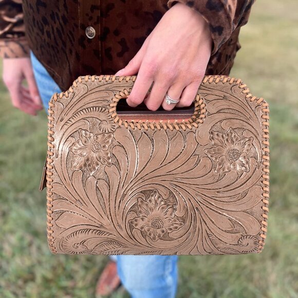 Hand-Tooled Leather Floral Western Clutch Bag with Free Gift Bifold Black Wallet - Picture 1 of 9